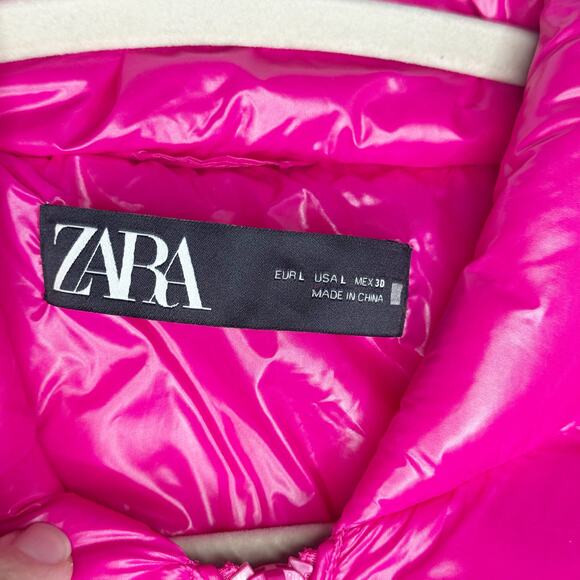 Zara Glossy Shiny Vinyl Puffer Jacket Hot Pink High Neck NEW Size Large L Baddie - Picture 3 of 16